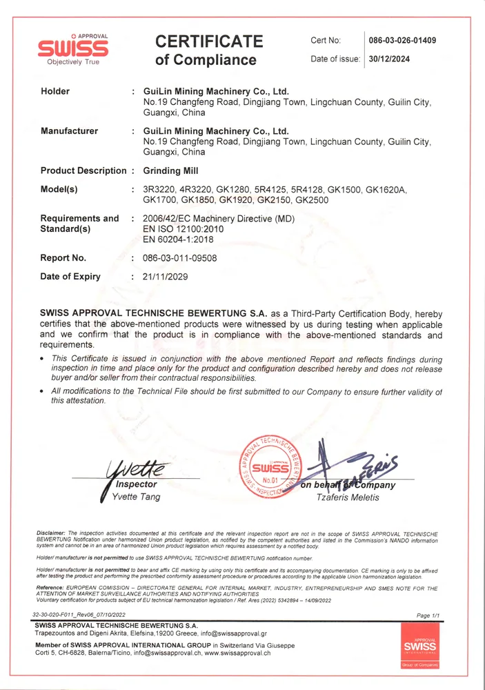 Certificado CE de equipos de molienda